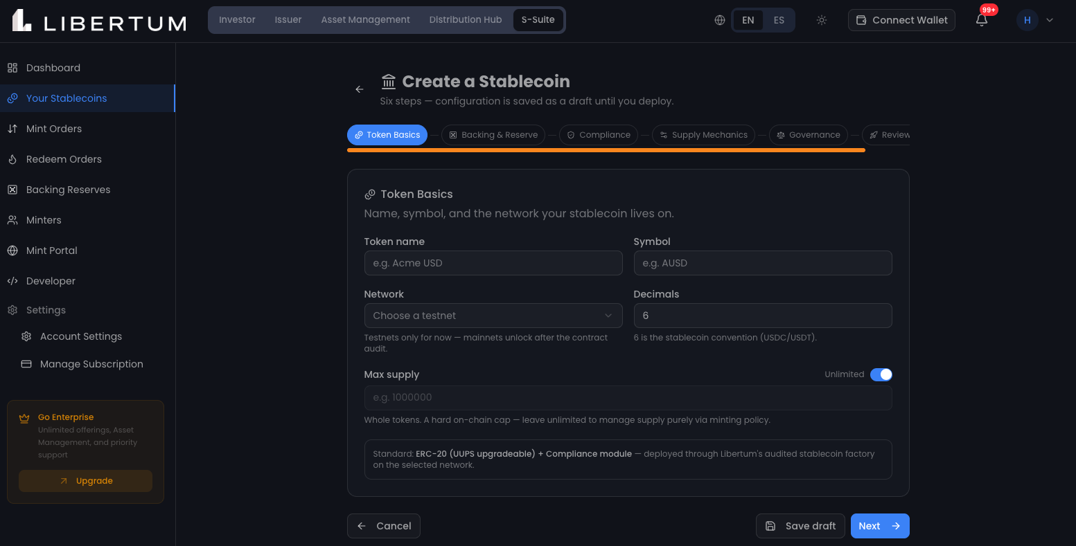 The six-step Create a Stablecoin wizard, on the Token Basics step