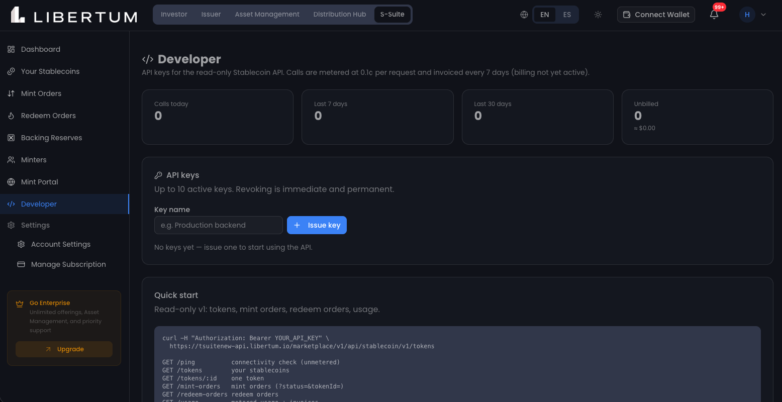 The Developer screen showing API key issuance, usage counters and a quick-start curl example