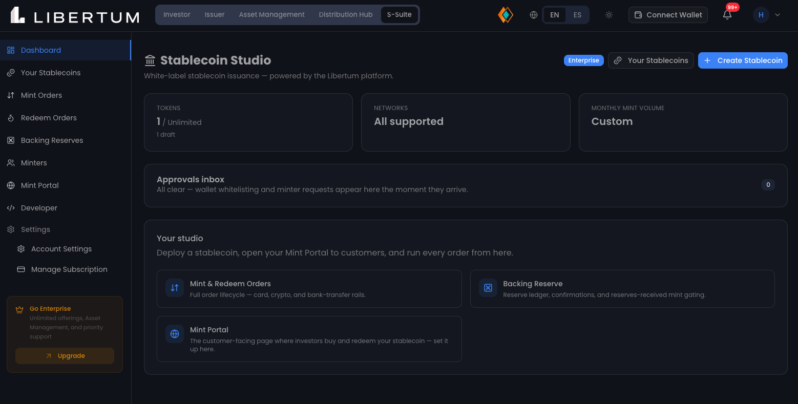 Libertum Stablecoin Studio dashboard showing tokens, networks, mint volume, and the approvals inbox